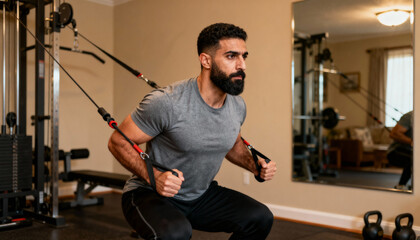 Determined fit Middle Eastern man doing strength training workout on a cable machine in a home gym. Bodybuilder building muscle. Healthy lifestyle and fitness concept.