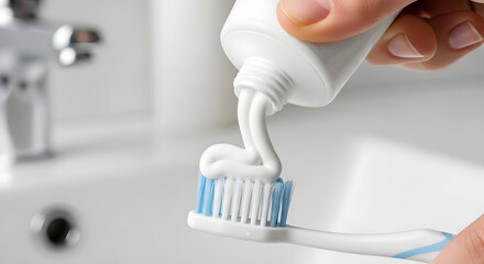 Applying White Toothpaste onto Toothbrush in Bathroom, Dental Hygiene