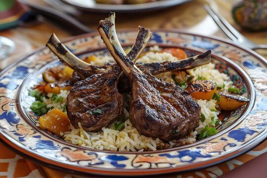 AI image. Grilled lamb chops with rice pilaf and fruit garnish served on decorative plate