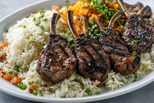 AI image. Grilled lamb chops served on a bed of rice with colorful vegetable garnish culinary