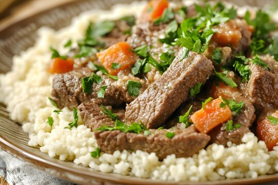 AI image. Hearty beef stew with carrots and couscous garnished with fresh parsley delicious meal