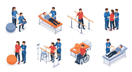 Set of 8 Isometric Physical Therapy Rehabilitation Vector Illustrations
