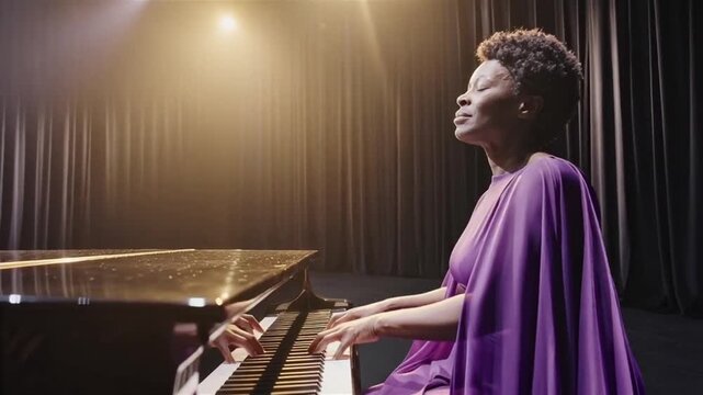 Black woman in purple gown playing piano passionately on grand stage