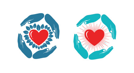 Heart care icon with hands and radiating light