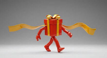 Humorous 3D character design of a red Christmas gift box with arms and legs walking confidently with a trailing gold ribbon, isolated on a clean background.