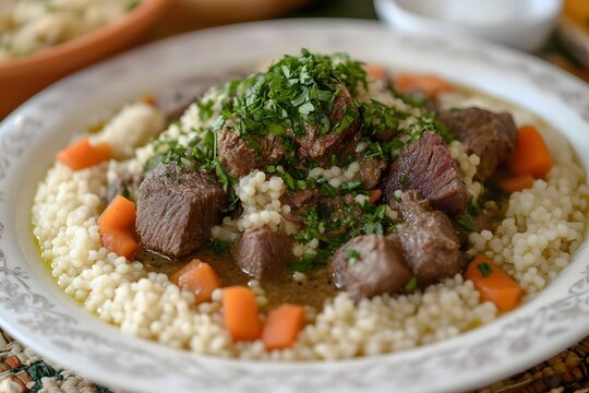 AI image: Delicious Couscous with Tender Beef Cubes Carrots and Fresh Parsley Topping. Gourmet Dish