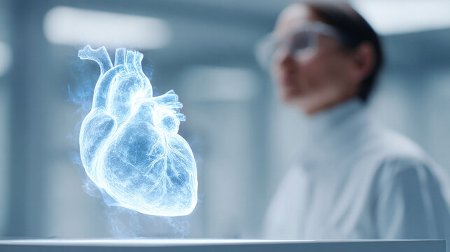 Futuristic medical concept showing a holographic human heart. A doctor or scientist observes. Innovation in healthcare, technology, and research.