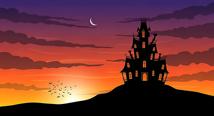 Fototapeta premium Spooky haunted castle silhouette against a dramatic twilight sky with crescent moon