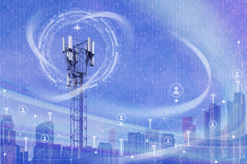 Cellular network tower or telecommunication tower for mobile phone calls, wireless internet access. Global connection and internet network business concept