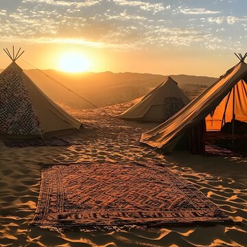 AI image Tranquil Desert Camp at Sunset Sand Dunes and Traditional Tents Peaceful Travel Experience