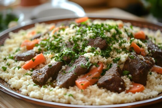 AI image: Delicious Couscous Dish with Tender Beef Carrot and Fresh Parsley Mediterranean Cuisine