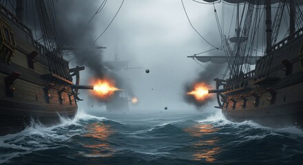 Fototapeta premium Two pirate ships engaged in a fierce naval battle firing cannons at each other on a stormy sea.