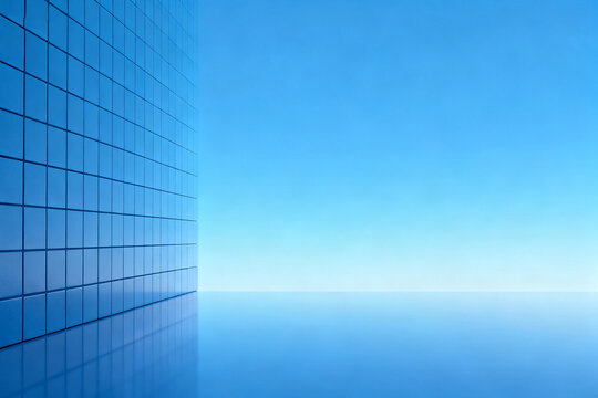 Modern glass building facade against a clear blue sky with reflective surface