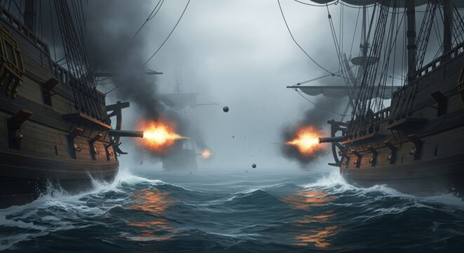 Two pirate ships engaged in a fierce naval battle firing cannons at each other on a stormy sea.