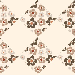 seamless floral pattern, hand-drawn flowers, silhouette, beige background, checkered