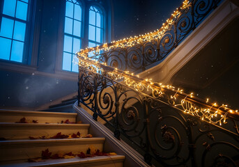 Vintage Wooden Stairs Decorated with Golden String Lights for Holiday Season
