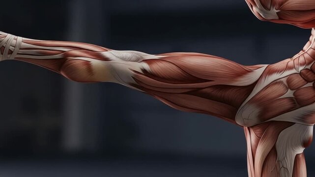 Detailed 3D rendering of the human arm's muscular system showcasing biceps and triceps in an extended position, perfect for educational and medical visuals.