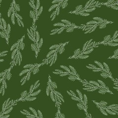 Seamless Pattern of Fir Branches on Green Background