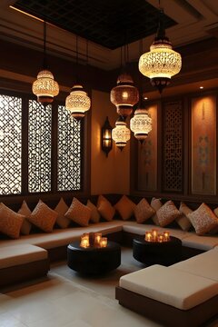 AI image Exotic lounge interior with ornate lamps and comfortable seating provides warmth and