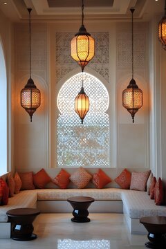 AI image: Luxurious Interior with Moroccan Lamps, Cushions, and Arch Window. Elegant design evokes
