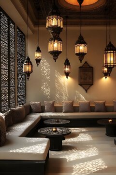 AI image Intricate illuminated lanterns casting ornate shadows in cozy arabian lounge atmosphere