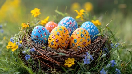 Vibrant Easter Nest with Decorated Eggs and Wildflowers, Ideal for Holiday Marketing and Seasonal Promotions