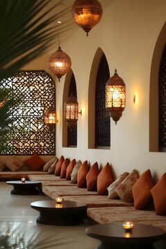 AI image Luxurious Middle Eastern lounge features ornate lamps and arched windows peaceful ambience