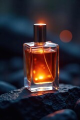 Glass perfume bottle on black rock, firelight glow , magical, composition
