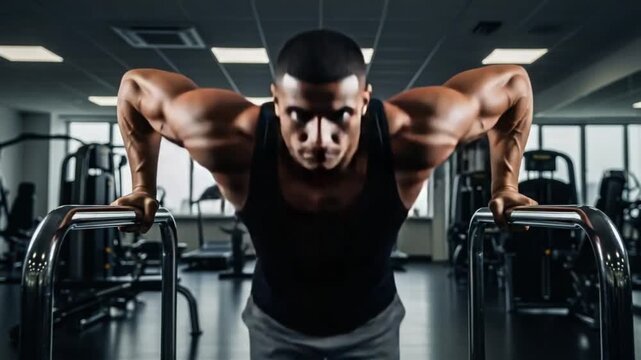 Muscular man intensely performing parallel bar dips in a modern gym, showcasing strength and focused training