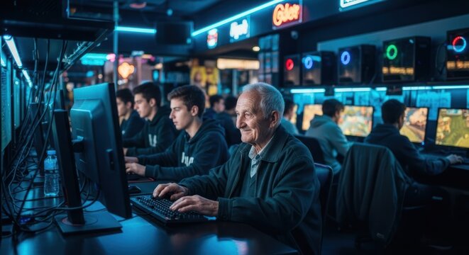 An elderly man happily plays computer games in a modern, neon-lit gaming cafe alongside younger players.