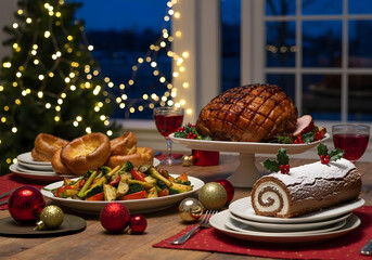 Festive Christmas Meal with Ethnic Cuisine and Candles on Decorated Dining Table

