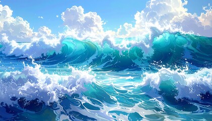 A vibrant, stylized depiction of ocean waves under a bright blue sky filled with fluffy white clouds. The water shimmers with turquoise and azure hues