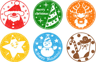 クリスマススタンプセット　カラフルな丸いゴム印アイコン集　かすれたゴム印のデザイン
