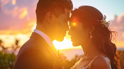 Romantic Wedding: Bride and Groom Kiss at Sunset