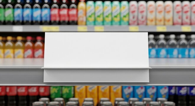 Blank White Shelf Talker Sign Mockup in Grocery Store Aisle.