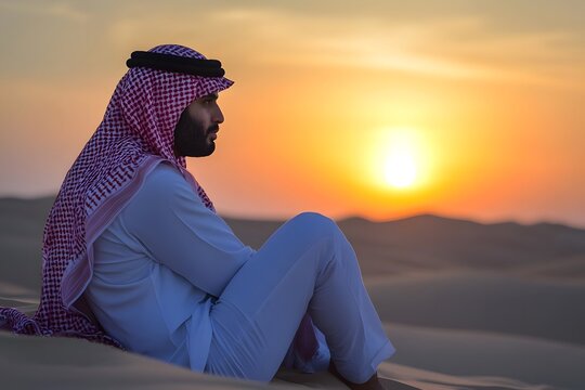 AI image A thoughtful Arab man gazes at the sunset in the desert wearing traditional clothing in a