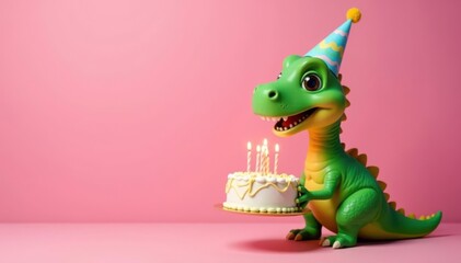 Smiling green dino in party hat, holding birthday cake with lit candles Pastel pink background , background, animal