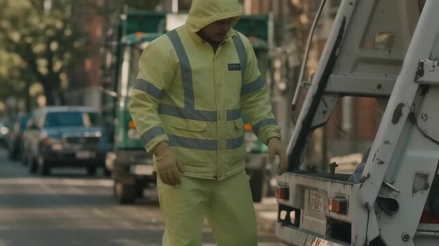 Garbage collector in bright yellow uniform collecting trash bags from the street near a waste truck