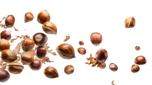 Brown nuts and seeds suspended in mid air against a black background