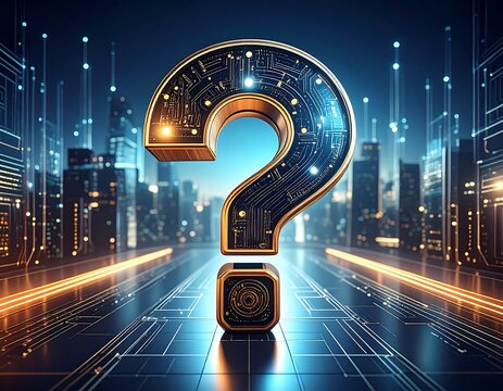 Futuristic question mark against a cityscape