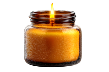 3D render of a decorative scented candle in a frosted glass jar with minimal label design, warm glow effect removed, isolated on transparent background with no shadow