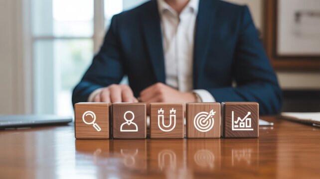 A businessman at his desk, with wooden blocks featuring different business icons. The scene captures a moment of focus and professional presence