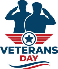 Veterans Day vector design, saluting soldier silhouette graphic, patriotic emblem with wings, American flag wave tribute, military appreciation artwork