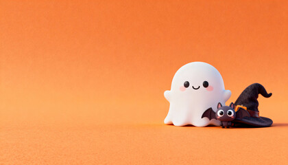 Adorable Halloween-themed illustration featuring a smiling ghost, a cute wide-eyed bat, and a witch hat set against an orange background. 