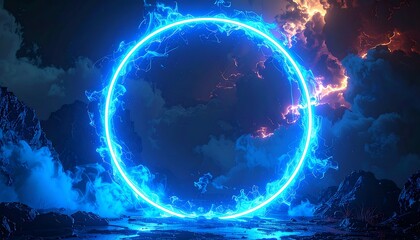 Neon ring portal in a surreal landscape