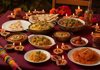 Traditional Christmas Feast Table with Multiple Indian Dishes and Festive Candle Decorations
