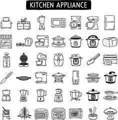 Hand Drawn Kitchen Appliance Icons Collection. Doodle Style Vector Set of Household Devices, Cookware, and Cooking Tools. Black and White Sketch Illustrations.