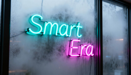 Smart Era neon sign. Concept of technology, innovation, and the future. Glowing turquoise and pink letters on a foggy, wet window. Digital age, modernity, progress, business.