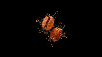 Two Roasted Coffee Beans Splashing in Dark Liquid on Black Background graphic design isolated on a transparent background
