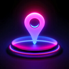 Neon Pink and Blue Location Pin Icon on Dark Reflective Platform map marker navigation isolated on a transparent background